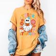 Groovy Halloween Trick Or Teach Retro Floral Ghost Teacher For Men Women Kids Women's Comfort Colors T-Shirt Mustard