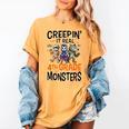 Halloween Teacher Creepin It Real With My 4th Grade Monsters Women's Comfort Colors T-Shirt Mustard Halloween Teacher Creepin It Real With My 4th Grade Monsters Women's Comfort Colors T-Shirt Mustard