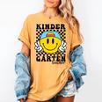 Kindergarten Teacher Hippie Smile Face Back School Women's Comfort Colors T-Shirt Mustard Kindergarten Teacher Hippie Smile Face Back School Women's Comfort Colors T-Shirt Mustard