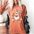 Groovy Halloween Trick Or Teach Retro Floral Ghost Teacher For Men Women Kids Women's Comfort Colors T-Shirt Yam
