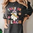 Trick Or Teach Groovy Teacher Halloween Retro Floral Ghost Women's Comfort Colors T-Shirt Pepper