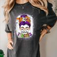 Witchy Teacher Halloween Messy Bun Teacher Bleached Women's Comfort Colors T-Shirt Pepper