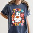 Groovy Halloween Trick Or Teach Retro Floral Ghost Teacher For Men Women Kids Women's Comfort Colors T-Shirt Denim