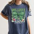 One Lucky Teacher Coquette Bow St Patricks Day Teacher Women's Comfort Colors T-Shirt Denim