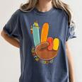 One Thankful Teacher Thanksgiving Turkey Peace Hand Sign Women's Comfort Colors T-Shirt Denim One Thankful Teacher Thanksgiving Turkey Peace Hand Sign Women's Comfort Colors T-Shirt Denim