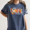 Preppy One Thankful Teacher Coquette Thanksgiving Teacher Women's Comfort Colors T-Shirt Denim