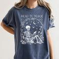 Read In Peace Skeleton Reading Teacher Spooky Halloween Women's Comfort Colors T-Shirt Denim