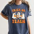 Teacher Halloween Trick Or Teach Retro Groovy Floral Ghost Women's Comfort Colors T-Shirt Denim Teacher Halloween Trick Or Teach Retro Groovy Floral Ghost Women's Comfort Colors T-Shirt Denim