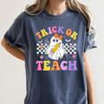 Trick Or Teach Groovy Halloween Teachers Women's Comfort Colors T-Shirt Denim