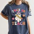 Trick Or Teach Groovy Teacher Halloween Retro Floral Ghost Women's Comfort Colors T-Shirt Denim