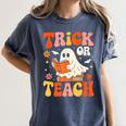 Trick Or Teach Halloween Shirt For Teacher Kids Floral Ghost Women's Comfort Colors T-Shirt Denim