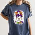 Witchy Teacher Halloween Messy Bun Teacher Bleached Women's Comfort Colors T-Shirt Denim