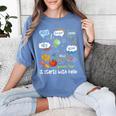 Friendship Inclusion Language Teacher It Starts With Hello Women's Comfort Colors T-Shirt Blue Jean Friendship Inclusion Language Teacher It Starts With Hello Women's Comfort Colors T-Shirt Blue Jean