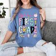 Hello First Grade Teacher Coquette Pencil Bow Back To School Women's Comfort Colors T-Shirt Blue Jean