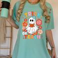 Groovy Halloween Trick Or Teach Retro Floral Ghost Teacher For Men Women Kids Women's Comfort Colors T-Shirt Chalky Mint