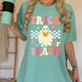 Groovy Teacher Halloween Retro Trick Or Teach Floral Ghost Women's Comfort Colors T-Shirt Chalky Mint Groovy Teacher Halloween Retro Trick Or Teach Floral Ghost Women's Comfort Colors T-Shirt Chalky Mint