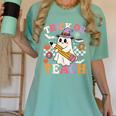 Retro Floral Ghost Trick Or Teach Groovy Teacher Halloween Women's Comfort Colors T-Shirt Chalky Mint Retro Floral Ghost Trick Or Teach Groovy Teacher Halloween Women's Comfort Colors T-Shirt Chalky Mint