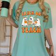 Teacher Halloween Trick Or Teach Retro Groovy Floral Ghost Women's Comfort Colors T-Shirt Chalky Mint Teacher Halloween Trick Or Teach Retro Groovy Floral Ghost Women's Comfort Colors T-Shirt Chalky Mint