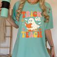 Trick Or Teach Halloween Shirt For Teacher Kids Floral Ghost Women's Comfort Colors T-Shirt Chalky Mint