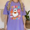 Groovy Halloween Trick Or Teach Retro Floral Ghost Teacher For Men Women Kids Women's Comfort Colors T-Shirt Violet