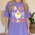 Groovy Teacher Halloween Retro Trick Or Teach Floral Ghost Women's Comfort Colors T-Shirt Violet Groovy Teacher Halloween Retro Trick Or Teach Floral Ghost Women's Comfort Colors T-Shirt Violet
