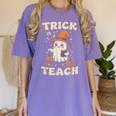 Halloween Teacher Shirts Women School Trick Or Teach Groovy Women's Comfort Colors T-Shirt Violet Halloween Teacher Shirts Women School Trick Or Teach Groovy Women's Comfort Colors T-Shirt Violet