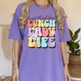 Soul Bleach Teacher Staff First Day Of School Last Hugs & High Fives Lunch Lady Vibes Blue Classic Fit Women's Comfort Colors T-Shirt Violet Soul Bleach Teacher Staff First Day Of School Last Hugs & High Fives Lunch Lady Vibes Blue Classic Fit Women's Comfort Colors T-Shirt Violet