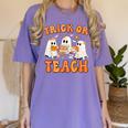 Teacher Halloween Trick Or Teach Retro Groovy Floral Ghost Women's Comfort Colors T-Shirt Violet Teacher Halloween Trick Or Teach Retro Groovy Floral Ghost Women's Comfort Colors T-Shirt Violet