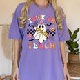 Trick Or Teach Groovy Teacher Halloween Retro Floral Ghost Women's Comfort Colors T-Shirt Violet
