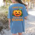 Halloween Teacher Librarian Pumpkin Reading Books Men Women Kids Women's Comfort Colors T-Shirt Back Print Blue Jean