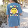 Happy Dot Day Hippie Flowers Smile Face Groovy Teacher Kids Women's Comfort Colors T-Shirt Back Print Blue Jean
