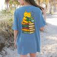 Kawaii Cats Lover Coffee Books Teacher Librarian Cat Women's Comfort Colors T-Shirt Back Print Blue Jean