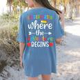 Kindergarten Where The Adventure Begins Shirt Children's Teacher Women's Comfort Colors T-Shirt Back Print Blue Jean Kindergarten Where The Adventure Begins Shirt Children's Teacher Women's Comfort Colors T-Shirt Back Print Blue Jean