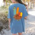 One Thankful Teacher Thanksgiving Turkey Peace Hand Sign Women's Comfort Colors T-Shirt Back Print Blue Jean