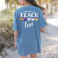 I Promise To Teach Love LGBT-Q Pride Proud Ally Teacher Women's Comfort Colors T-Shirt Back Print Blue Jean