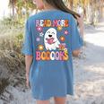 Read More Books Groovy Halloween Teacher Women Women's Comfort Colors T-Shirt Back Print Blue Jean