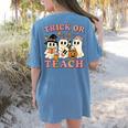 Teacher Halloween Trick Or Teach Cute Ghost Coffee Pumpkins Women's Comfort Colors T-Shirt Back Print Blue Jean
