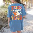 Trick Or Teach Halloween Shirt For Teacher Kids Floral Ghost Women's Comfort Colors T-Shirt Back Print Blue Jean
