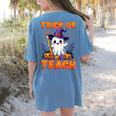 Trick Or Teach Teacher Halloween Ghost Pencil Floral Women's Comfort Colors T-Shirt Back Print Blue Jean
