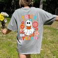 Groovy Halloween Trick Or Teach Retro Floral Ghost Teacher For Men Women Kids Women's Comfort Colors T-Shirt Back Print Grey