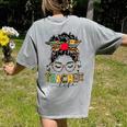 Teacher Life Messy Bun Glasses Leopard Sunflower Women's Comfort Colors T-Shirt Back Print Grey