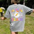 Trick Or Teach Groovy Halloween Teachers Women's Comfort Colors T-Shirt Back Print Grey