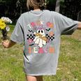 Trick Or Teach Groovy Teacher Halloween Retro Floral Ghost Women's Comfort Colors T-Shirt Back Print Grey