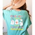 Creepin It Real With Kindergarten Monsters Halloween Teacher Women's Comfort Colors T-Shirt Back Print Chalky Mint