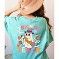 Retro Floral Ghost Trick Or Teach Groovy Teacher Halloween Women's Comfort Colors T-Shirt Back Print Chalky Mint