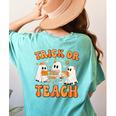Teacher Halloween Trick Or Teach Retro Groovy Floral Ghost Women's Comfort Colors T-Shirt Back Print Chalky Mint Teacher Halloween Trick Or Teach Retro Groovy Floral Ghost Women's Comfort Colors T-Shirt Back Print Chalky Mint