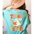 Trick Or Teach Halloween Shirt For Teacher Kids Floral Ghost Women's Comfort Colors T-Shirt Back Print Chalky Mint