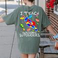Autism Awareness Teacher I Teach Awesome Superheroes Women's Comfort Colors T-Shirt Back Print Moss