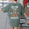 Creepin It Real Pre-K Monsters Halloween Preschool Teacher Women's Comfort Colors T-Shirt Back Print Moss