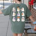 Cute Ghost Reading Books Teacher Halloween Reading Men Women Kids Women's Comfort Colors T-Shirt Back Print Moss